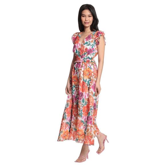 Maggy London Women's V-Neck Short Flutter Sleeve Smocked Waist Maxi Dress 14 Pl